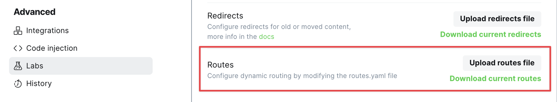 Ghost - upload routes.yaml