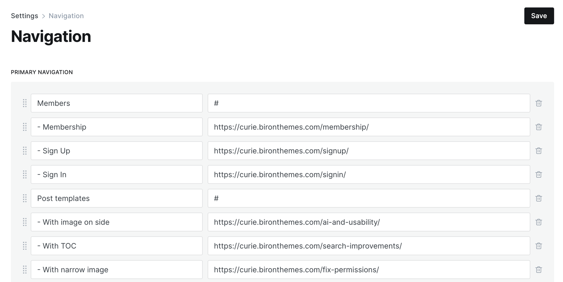 Curie dropdown menu setup